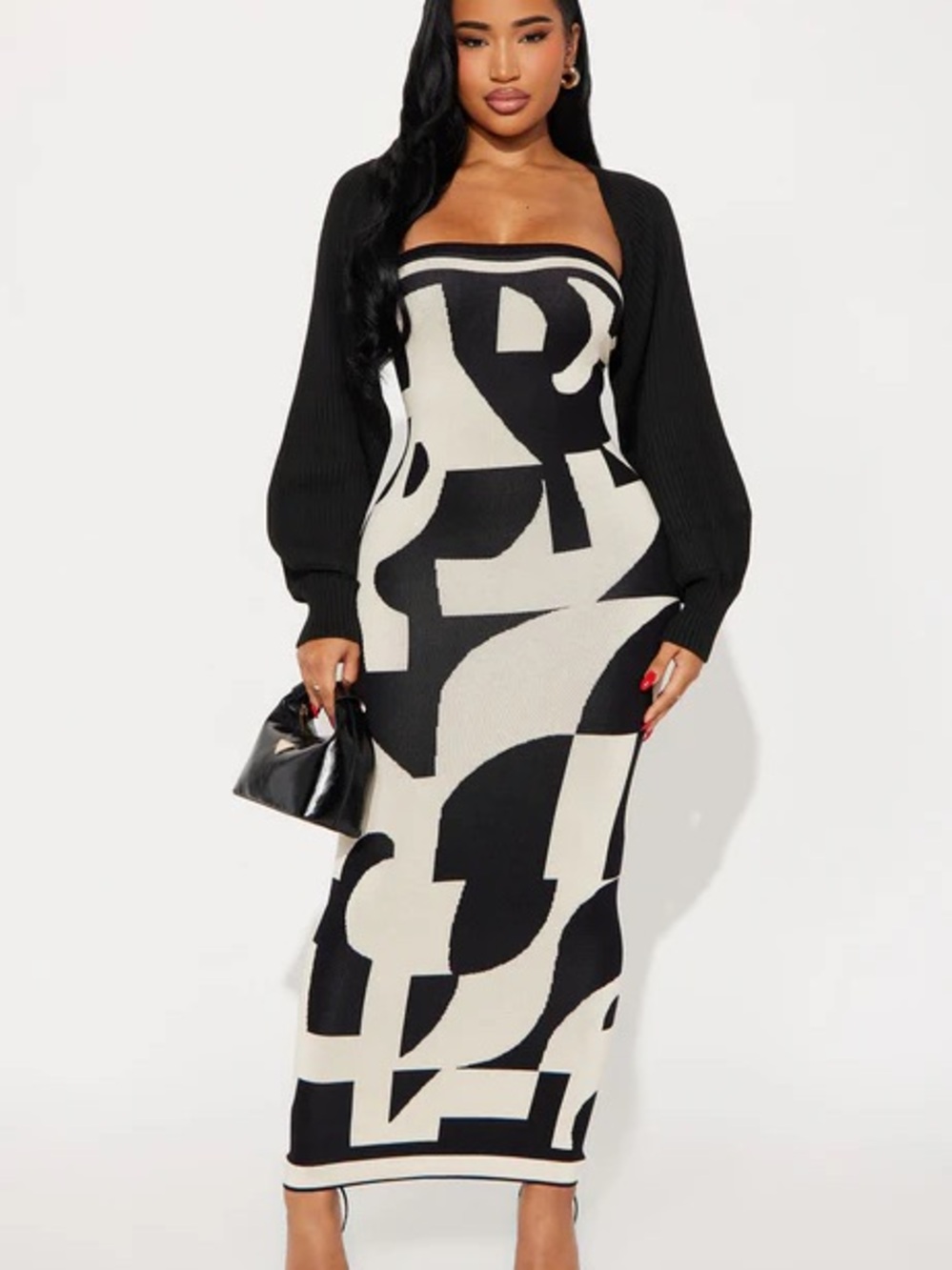 Black & Cream Strapless Knit Bodycon Dress